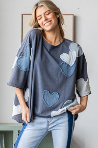 Oli & Hali Mineral Washed Top with Heart Patches in Navy