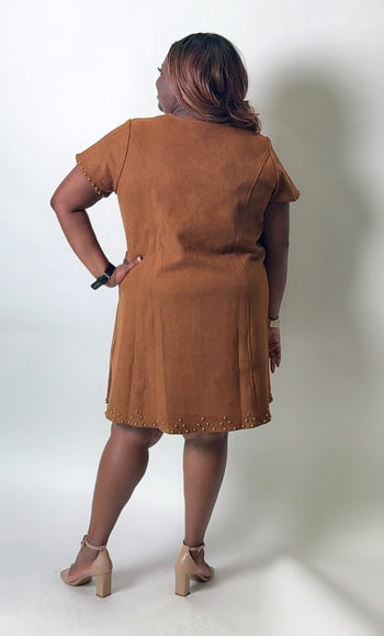 BaeVely Faux Suede Stud Detailed Mini Dress in Brown