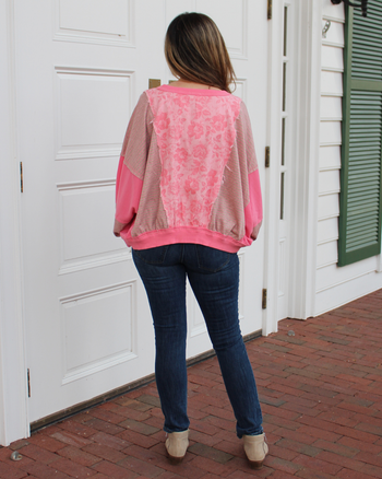 BiBi OVERSIZED Rose Twill and Stripe Mix n Match Top in Oatmeal/Pink