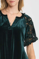 Umgee Velvet Split Neck Top with Lace Sleeves in Teal Green