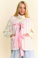 Davi & Dani Padded Quilted Floral Print Vest with Bow Tie Front in Pink