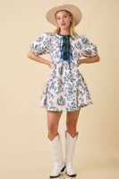 Main Strip Vintage Horse Toile Print Denim Mini Dress in Dark Navy