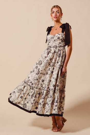 So Me Floral Print Maxi Dress with Contrasting Ribbon Shoulder Ties in Vintage Black L So Me Floral Print Maxi Dress with Contrasting Ribbon Shoulder Ties in Vintage Black L