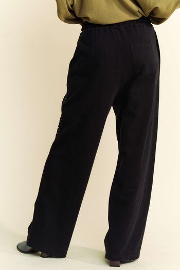 Davi & Dani Stone Embellished Wide Leg Pants in Black