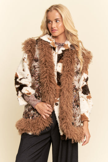 Davi & Dani Floral Jacquard and Faux Fur Trim Vest in Brown