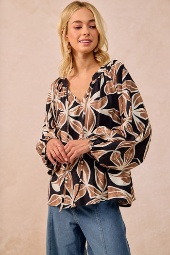 BiBi Bold Floral Print Exaggerated Balloon Sleeve Top in Black/Mocha
