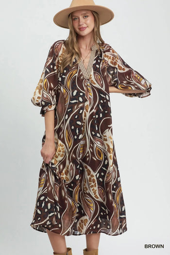 Umgee Abstract Print Midi Dress in Brown