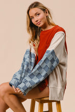 Load image into Gallery viewer, BiBi OVERIZED Colorblock Top with Checkered Denim Sleeves in Rust Mix
