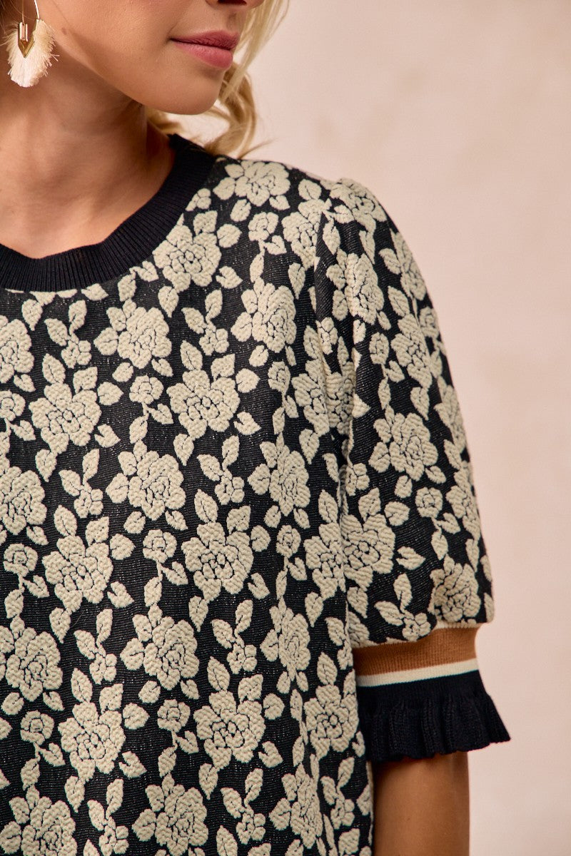 BiBi Textured Rose Knit Top With Contrasting Banded Puff Sleeves