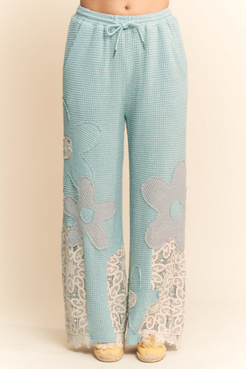 Davi & Dani Thermal Knit and Lace Pants with Flower Patches in Light Blue Grey