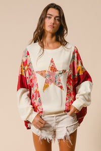 BiBi Mix n Match Knit and Print Top with Star Patch on Front in Oatmeal/Rust