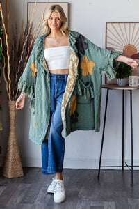 Oli & Hali OVERSIZED Flower Patched Open Front Cardigan in Sage