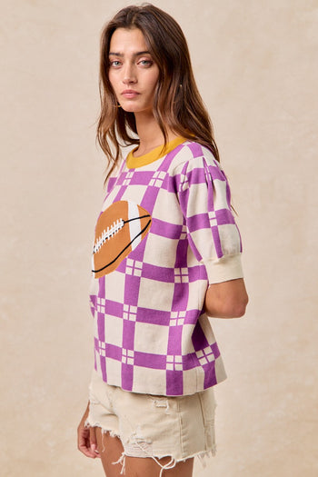 BiBi Knit Sweater Checkered Pattern Top with Football Patched Front in Purple/Gold