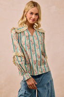 BiBi Stripe and Floral Print Top with Eyelet Lace Trim in Teal