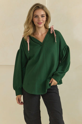 Veveret Oversized V-Neck Hoodie Top in Hunter Green