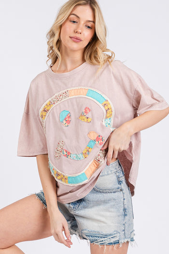 Sage+Fig OVERSIZED Top with Mixed Print Smiley Face Patch on Front in Mauve