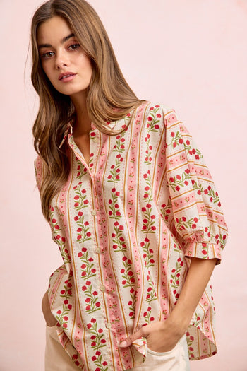 BiBi Bold Woven Striped Floral Print Button Down Top in Red