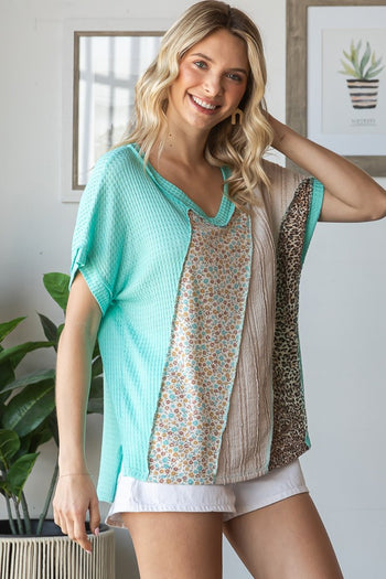7th Ray Mixed Print Textured Patchwork Top in Mint