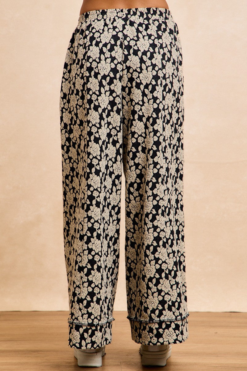 BiBi Floral Jacquard Wide Leg Pants in Black/Light Grey – June Adel