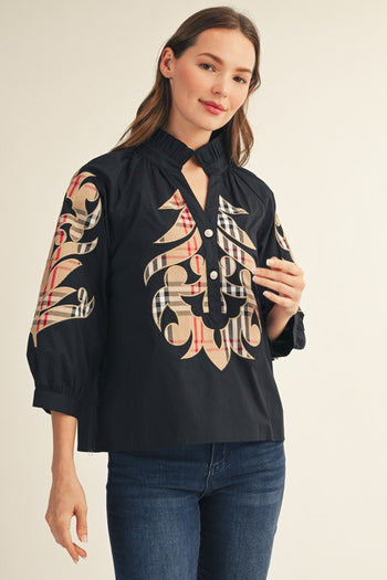 Jodifl Plaid Baroque Applique Detail Solid Top in Black