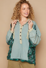 Load image into Gallery viewer, POL French Terry Top with Contrasting Color and Plaid Details in Teal Sage
