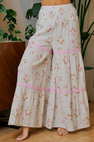 BiBi Smocked Waistband Rose Printed Gauze Lace Trim Detailed Pants in Taupe/Blush