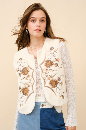 Blue B Western Embroidered Fur Vest in Off White
