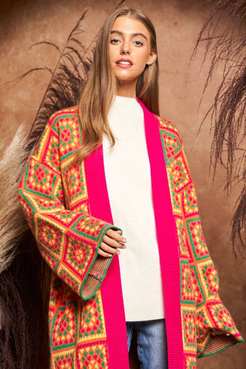 Davi & Dani Granny Square Open Front Long Cardigan in Neon Multi