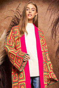 Davi & Dani Granny Square Open Front Long Cardigan in Neon Multi ON ORDER