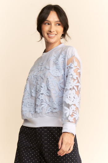 Davi & Dani Sheer Floral Embroidered Sweatshirt in Blue