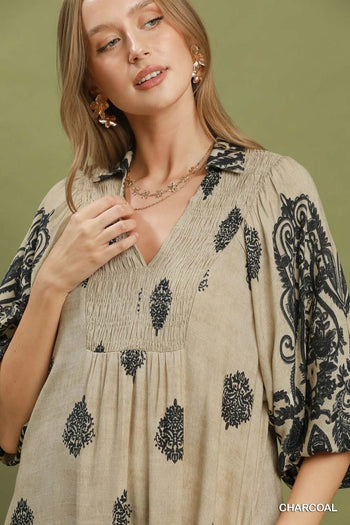 Umgee Border Print Smocked Detail Midi Dress in Charcoal