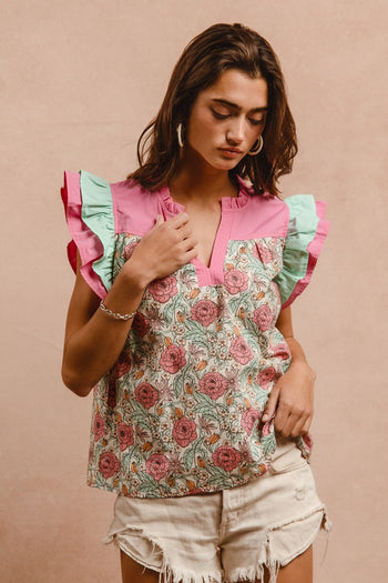 BiBi Floral Print Top with Contrasting Double Ruffle Sleeves in Rose Pink