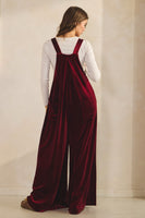 LovLov Solid Color Velvet Overalls in Burgundy Red