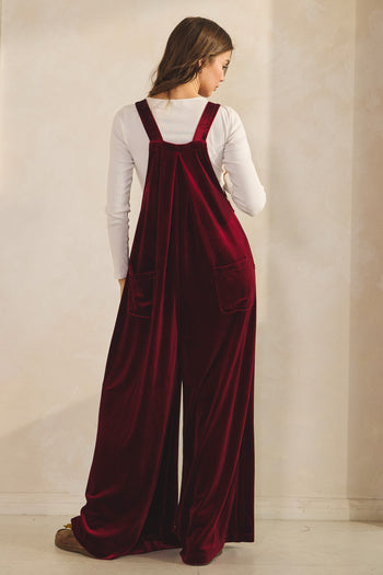 LovLov Solid Color Velvet Overalls in Burgundy Red