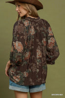 Umgee Floral Ruffle Neck Blouse in Brown Mix
