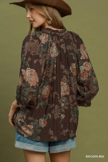 Umgee Floral Ruffle Neck Blouse in Brown Mix