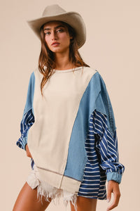 BiBi OVERSIZED Mixed Fabric Top with Stripes in Oatmeal