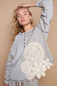 POL OVERSIZED Thermal and Woven Knit Top with Crochet Patch Details in Heather Grey