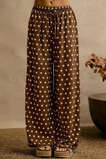 So Me Polka Dot Waist Elastic Wide Leg Pants In Brown/White