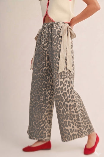 LovLov Bohemian Bow Waist Palazzo Pants in Leopard