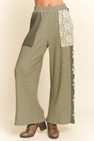 Davi & Dani Heavy Waffle Knit Pants with Flower Patches in Sage