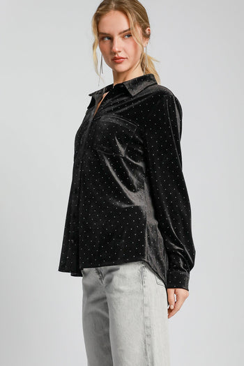 Umgee Beaded Velvet Button Down Top in Black