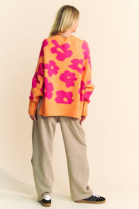 Davi & Dani OVERSIZED Knit Sweater with Floral Print in Orange/Fuchsia