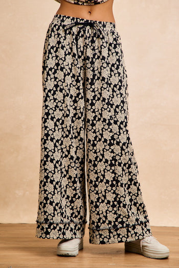 BiBi Floral Jacquard Wide Leg Pants in Black/Light Grey