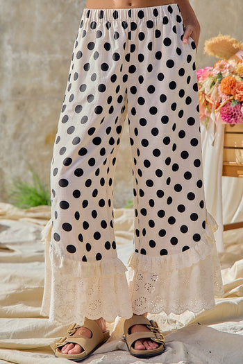 BiBi Linen Blend Polka Dot Printed Ruffle Lace Hem Pants in Cream/Black