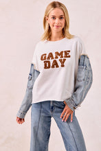 Load image into Gallery viewer, BiBi Sweatshirt with Denim Sleeves and GAMEDAY Letter Patches in Ivory
