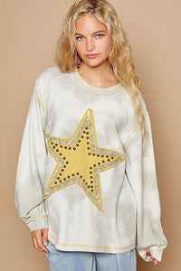 POL Vintage Washed Star Patch Top with Stud Details in Grey Multi