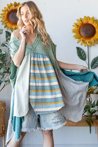 Oli & Hali OVERSIZED Mixed Fabric Babydoll Top in Dusty Green