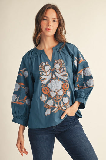 Jodifl Embroidered Baroque Floral Applique Top in Teal
