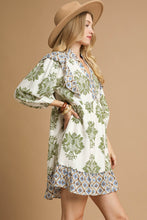 Load image into Gallery viewer, Umgee Damask Print Mini Dress with Ikat Border Print in Olive Mix
